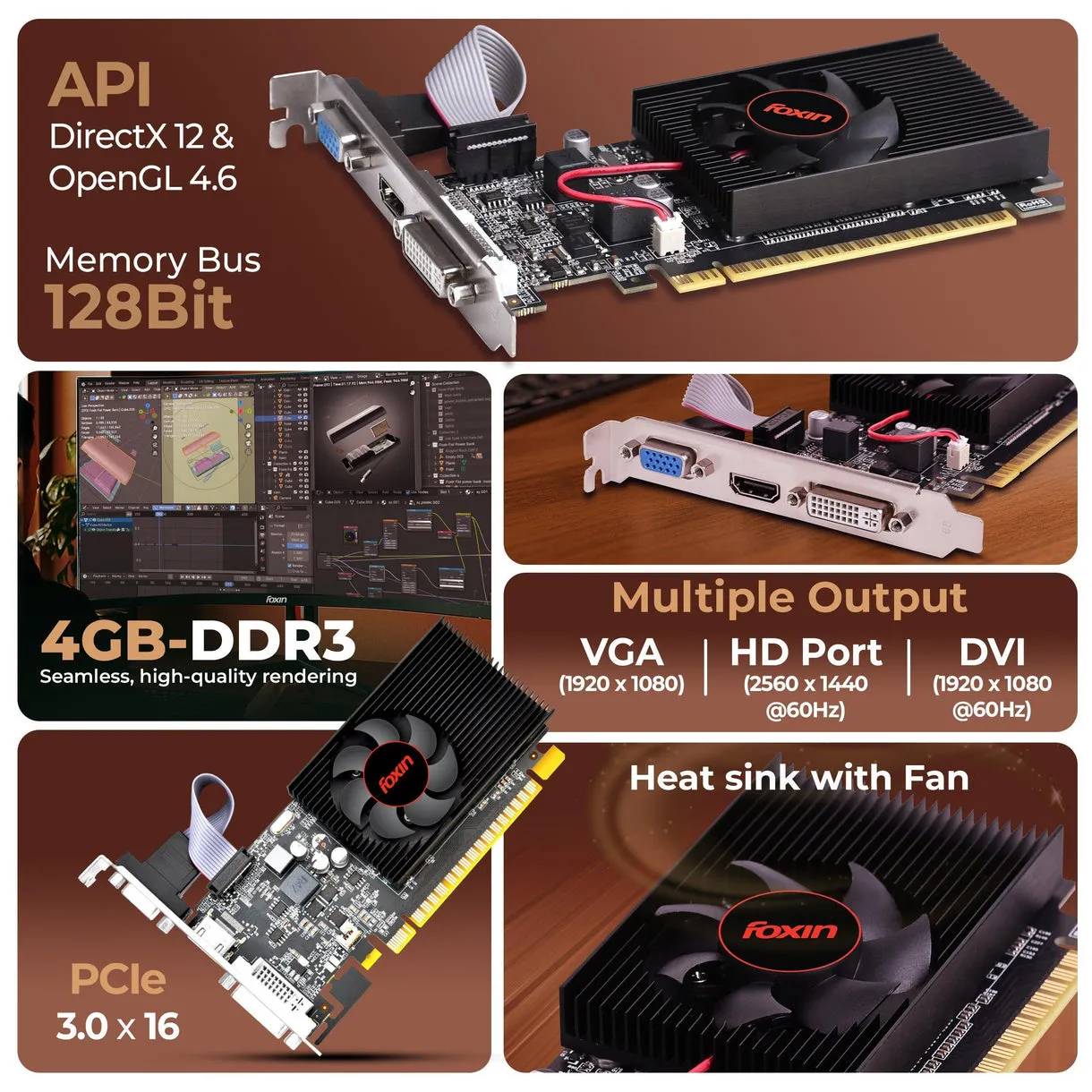 Foxin Nvidia Graphic Card GT740 4GB DDR3 with HDMI, DVI, VGA Port view 2